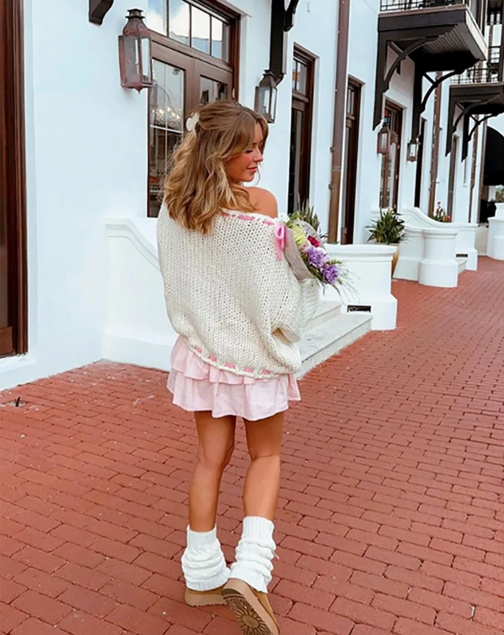 Pink Lace Up Bow Knitted Sweater