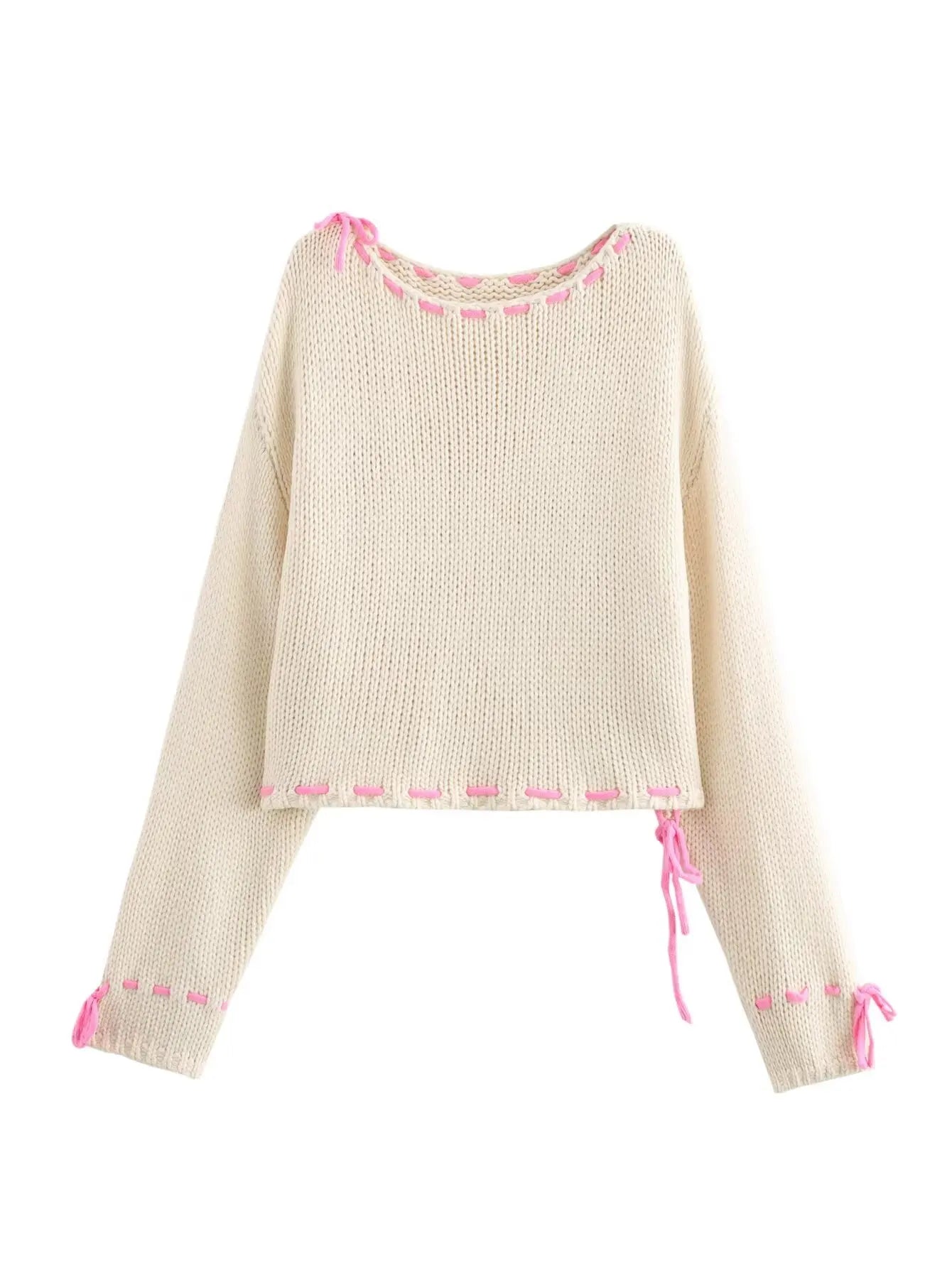 Pink Lace Up Bow Knitted Sweater